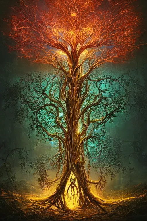 Prompt: lateral cross - section view. magical glowing tree of life, centralized, ethereal, rich estate, fantasy, smooth, sharp focus, high detailed digital art, ultra wide shot, lush colors, in the style of greg rutkowski and hans zatzka, digital art, sharp focus, highly realistic, exquisite ornate metal gothic icon heavy patina, delicate,