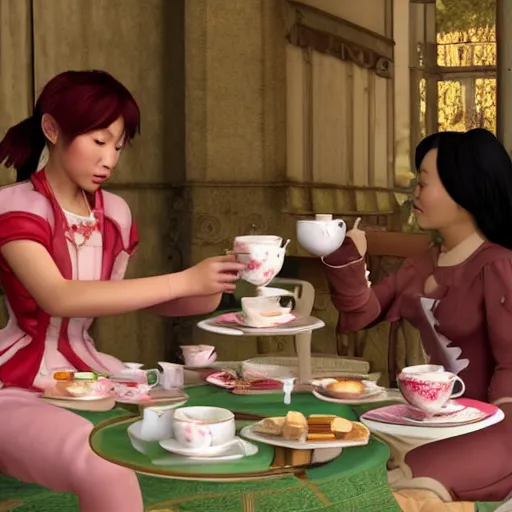 Image similar to Meilin Lee from Turning Red and Mirabel Madrigal from Encanto having a tea party, 8k, ultra realistic, highly detailed