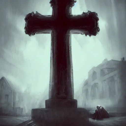 Prompt: shameless woman with impudent facial expression in shadow of church cross, elegant, dark and mysterious, atmospheric, red, trending on artstation, highly detailed, digital painting, volumetric light, concept art, illustration