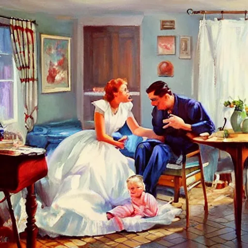 Image similar to 1950s Americana, domestic scene, family, romantic, inviting, cozy, painting Vladimir Volegov