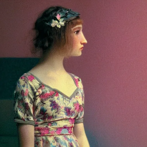 Image similar to close - up of a beautiful flowery girl in an empty room, film still by wes anderson, depicted by balthus, limited color palette, very intricate, art nouveau, highly detailed, lights by hopper, soft pastel colors, minimalist