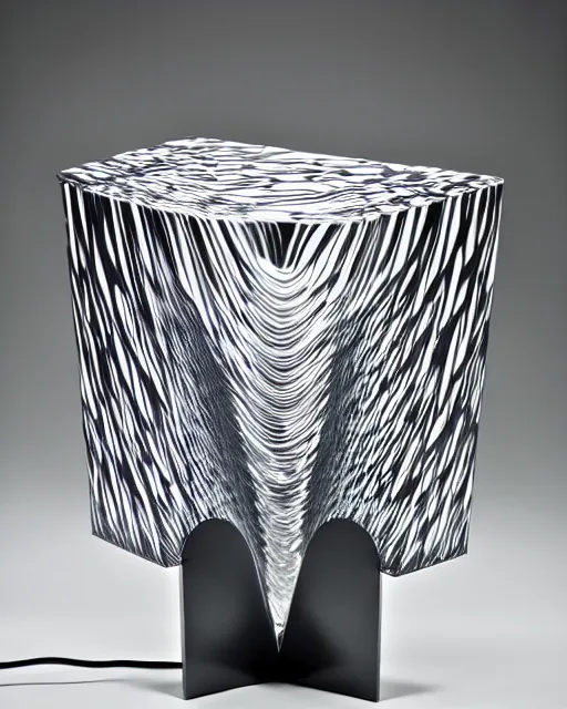 Prompt: sculptural table lamp designed by iris van herpen and m. c. escher, painted metal and glass, advertising photography