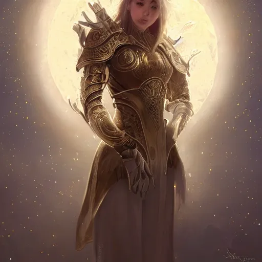 Image similar to portrait knights of Zodiac girl, white color mirror reflected armor, in ruined Agora of Athens moon night and firefly and star sparkles, ssci-fi, fantasy, intricate, very very beautiful, elegant, golden light, highly detailed, digital painting, artstation, concept art, smooth, sharp focus, illustration, art by tian zi and WLOP and alphonse mucha