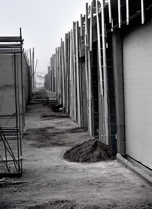 Prompt: a beautiful realistic photo of the construction site, storage outside, street 1 9 9 0, life magazine reportage photo