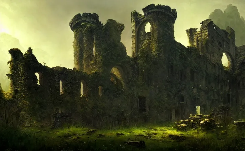 Image similar to ruins of an old castle covered by plants with moody and cinematic lighting by greg ruthkowski and craig mullins and caspar david friedrich, cinematic and atmospheric, concept art, artstation, trending on artstation