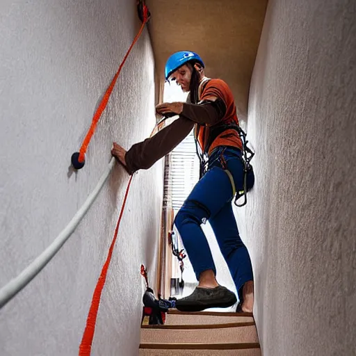 Image similar to A climbing expedition climbing the stairs of a regular apartment building. They are using ropes, pickaxes and other professional climbing gear in order to climb the stairs. Photograph, f/8, room lighting, indoor