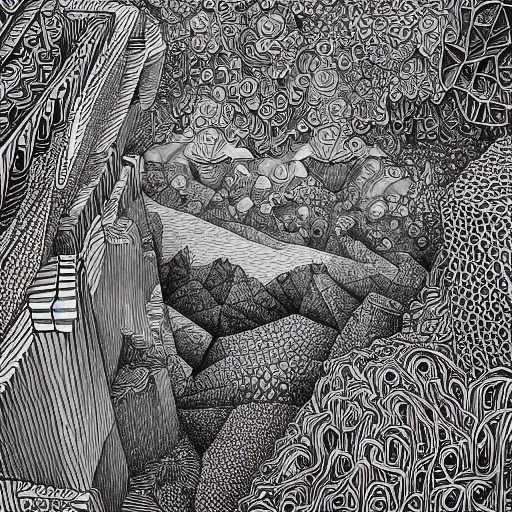 Prompt: Geometrically surreal cliffs, extremely high detail, photorealistic, intricate line drawings, dotart, album art in the style of James Jean