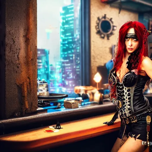 Image similar to a high quality portrait of a beautiful stunning pirate in a cyberpunk cyberpunk cyberpunk cafe, realism, 8k, award winning photo