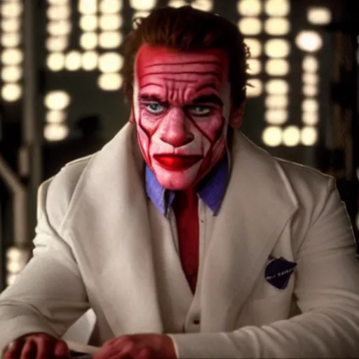 Image similar to awe inspiring Arnold Schwarzenegger playing The Joker 8k HDR movie still amazing lighting