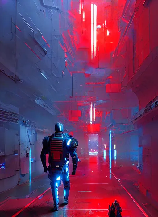 Image similar to sci - fi art, dolph lundgren as armored warrior, blue and red corridors in the background, art by ismail inceoglu