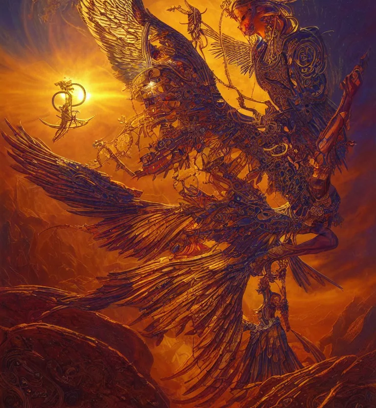 Image similar to a beautiful tarot card artwork of a cyberpunk seraphim in nature, backlit, highly detailed, golden hour, digital painting, by karol bak and justin gerard and dan mumford and artgerm, vivid colors, masterpiece, detailed shading, 8 k resolution, intricate, smooth