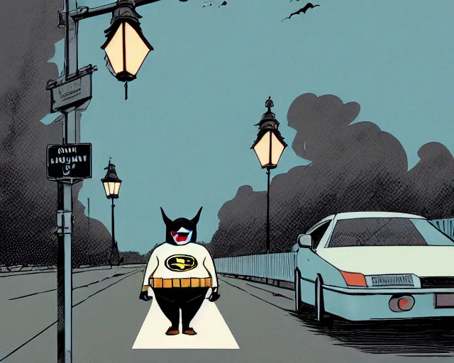 Image similar to a study of cell shaded cartoon of an obese Batman on a country road, street lamps, road, illustration, wide shot, subtle colors, post grunge, concept art by josan gonzales and wlop, by james jean, Victo ngai, David Rubín, Mike Mignola, Laurie Greasley, highly detailed, sharp focus, Trending on Artstation, HQ, deviantart, art by artgem