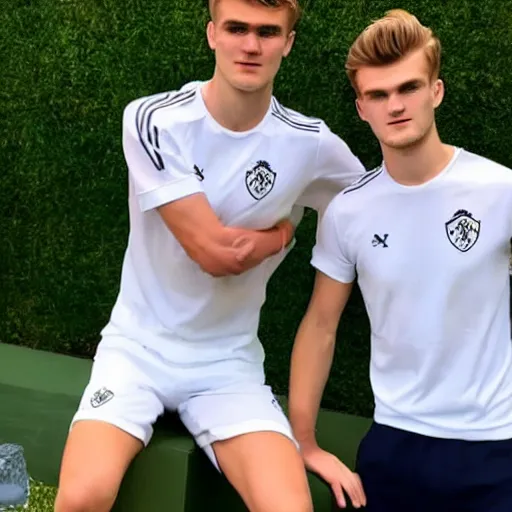 Image similar to a realistic detailed photo of a guy who is an attractive humanoid who is half robot and half humanoid, who is a male android, soccer players martin ødegaard & timo werner, shiny skin, posing like a statue, blank stare, by the pool, on display, showing off his muscles