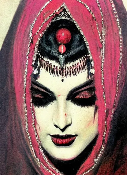 Image similar to female indian vampiress, jeweled veil, heavy mascara, strong line, saturated color, beautiful! coherent! by frank frazetta, high contrast, minimalism