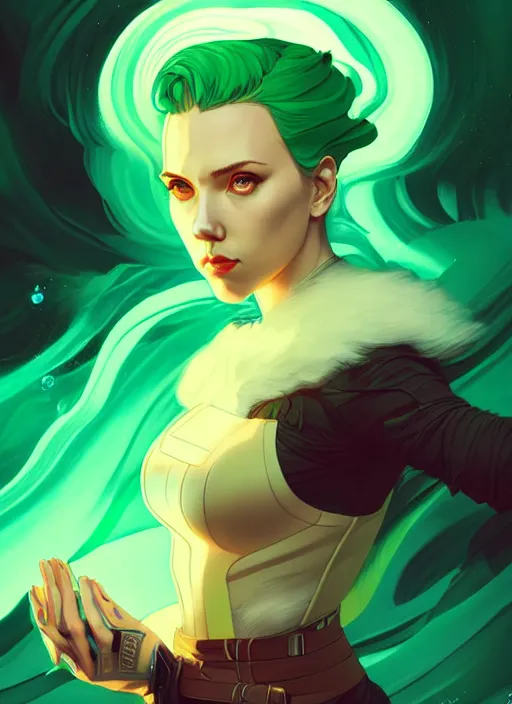 Prompt: style artgerm, joshua middleton, illustration, scarlett johansson as artificer wearing green pelt light armor, anime eyes, blue hair, swirling water cosmos, fantasy, dnd, cinematic lighting