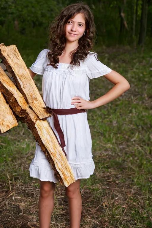 Prompt: a middle-school girl with brown eyes and unkempt wavy short brown hair wearing a white dress and holding a bundle of firewood, high resolution film still, 8k, HDR color, short hair, round face, dimples, beautiful gazing eyes