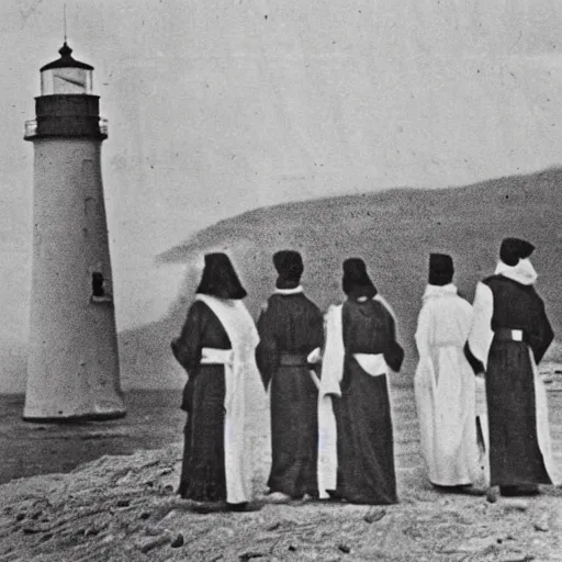 Image similar to worshippers dressed in robes belonging to the cult of the lighthouse. Dilapidated 1800s lighthouse. 1800s photo.