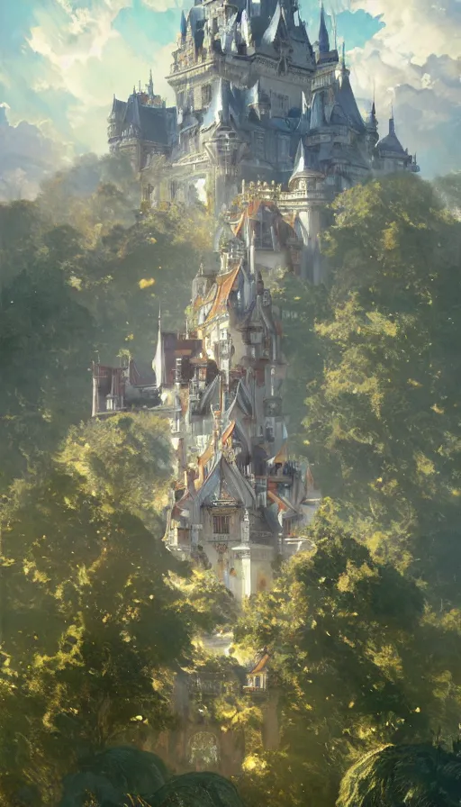 Image similar to castle seen from the sky, cyberpunk, design on white background, beautiful details, lush foliage, drawn by john singer sargent, tom bagshaw, norman rockwell, alphonso mucha, lolish, trending on artstation