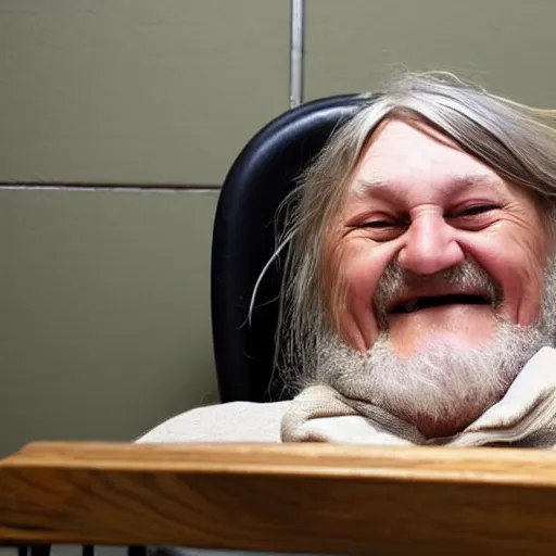 Image similar to laughing joyful robert wyatt sitting in his wheelchair locked in a small cell in prison, photograph, 4 k