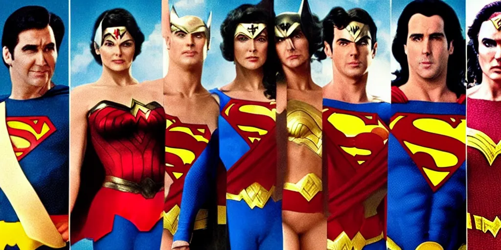 Image similar to DC Justice League with Lynda Carter as Wonder woman, Nicolas Cage as superman, Michael Keaton as Batman and Wesley Snipes as Flash