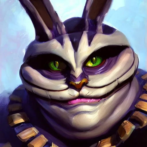 Image similar to greg manchess portrait painting of partially armored cheshire cat from alice in wonderland as overwatch character, medium shot, asymmetrical, profile picture, organic painting, sunny day, matte painting, bold shapes, hard edges, street art, trending on artstation, by huang guangjian, gil elvgren, ruan jia, randy vargas, greg rutkowski