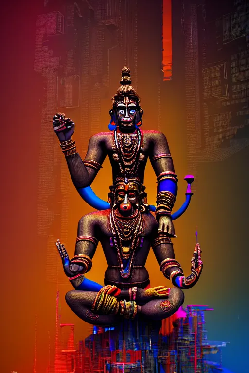 Image similar to high quality 3 d render colorful deconstructed cyborg! hanuman sitting, gold madhubani, highly detailed, cyberpunk!! mumbai in the background, vray cinematic smooth, blade runner, moody light, low angle, uhd 8 k, sharp focus