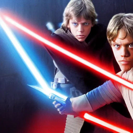 Image similar to luke skywalker fighting anakin skywalker, star wars, lightsaber