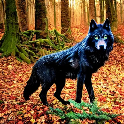 Image similar to majestic and beautiful dark wolf walking through a forest of leaves and trees photo realistic ultra details award winning realistic