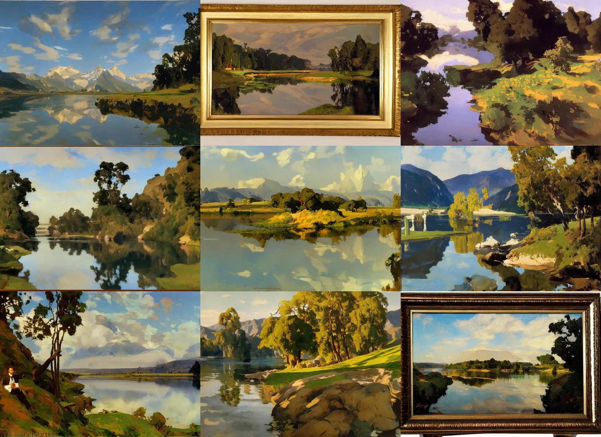 Prompt: painting by sargent and leyendecker and greg hildebrandt savrasov levitan polenov, studio ghibly, middle earth landscape, wide river and lakes masterpiece