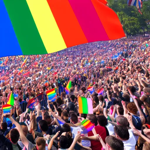 Prompt: i highly detailed photo of ben shapiro waving a rainbow flag in the middle of a crowd, historic painting, high definition, high quality painting, detailed face, detailed body, full body