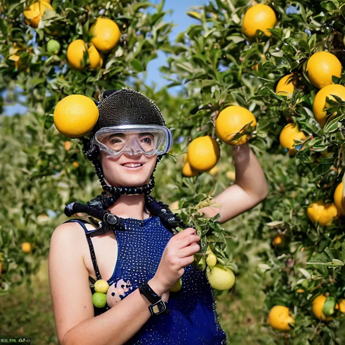 Image similar to a closeup portrait of a woman in a scuba helmet, wearing a dress made of beads, picking lemons in an orchard, color photograph, by vincent desiderio, canon eos c 3 0 0, ƒ 1. 8, 3 5 mm, 8 k, medium - format print