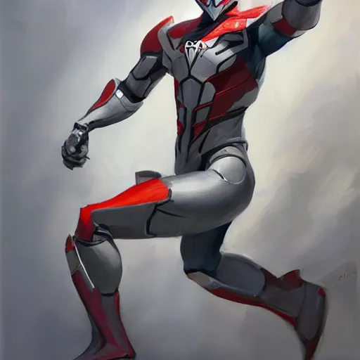 Prompt: greg manchess portrait painting of armored spiderman ultraman grey fox from metal gear cyborg gay japanese - american hybrid as overwatch character, medium shot, asymmetrical, profile picture, organic painting, sunny day, matte painting, bold shapes, hard edges, street art, trending on artstation, by huang guangjian and ail elvgren and sachin teng