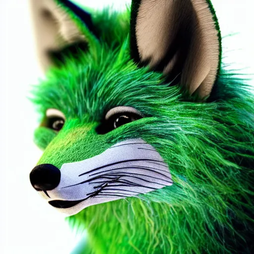 Image similar to close up of photorealistic green fox with green fur and glowing magenta eyes, wearing a black hoodie