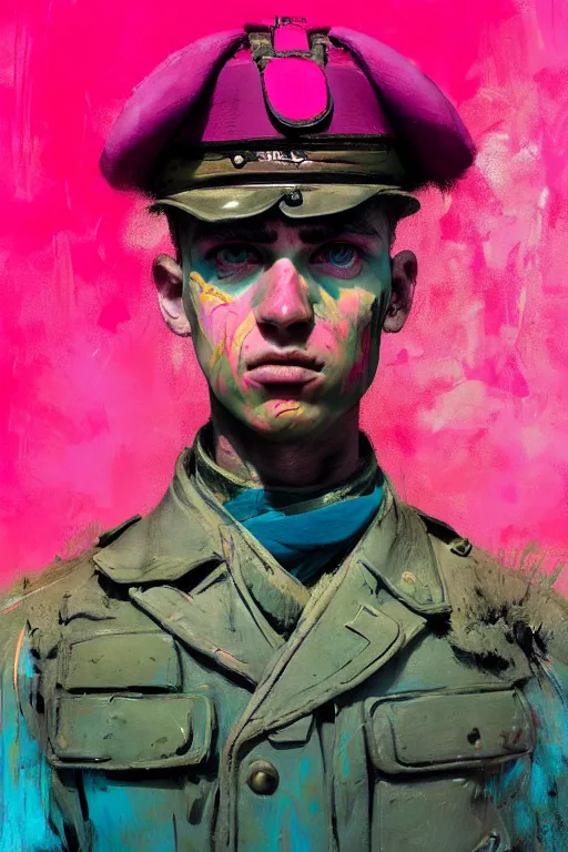 Image similar to portrait of a young soldier boy nor living in a death postapoliptic world, painted in acrylic, pigment, in the colors hot pink and cyan, beautiful realistic face, rule of thirds, dutch soldier outfit, spotlight, by greg rutkowski, by jeremy mann, by francoise nielly, by van gogh, digital painting