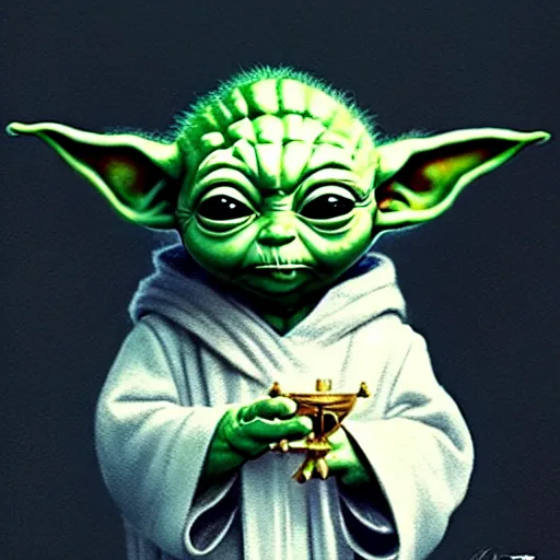 Image similar to baby yoda in his first communion, art by greg rutkowski, intricate, elegant, highly detailed, smooth, sharp focus, artstation