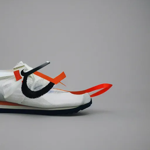 Image similar to a studio photoshoot of a heritage Nike Off-white waffle running shoe designed by Virgil Abloh, soft suede with knitted mesh material, rubber Waffle outsole, realistic, color film photography by Tlyer Mitchell, 35 mm, graflex