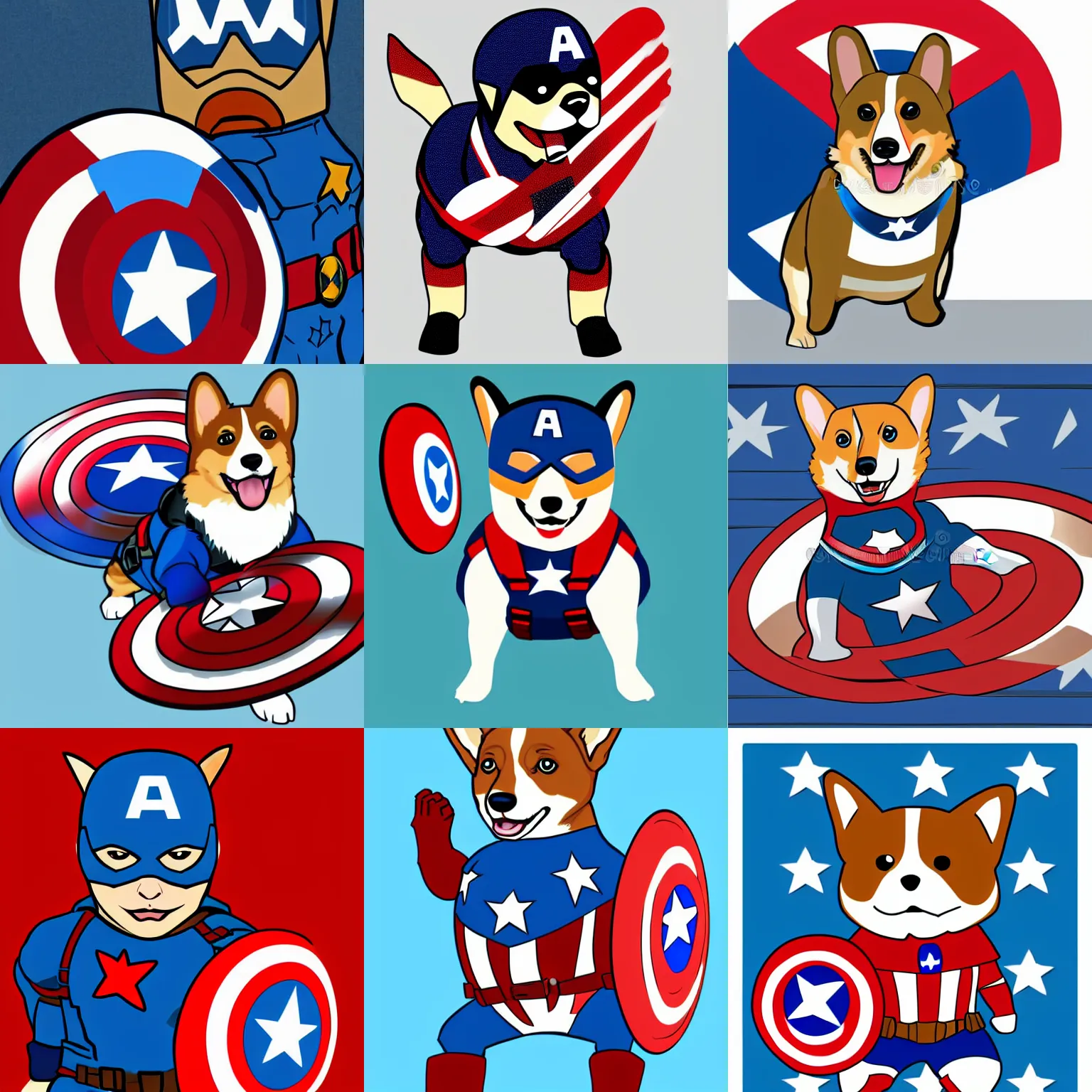 Prompt: a corgi dressed as captain America, vector illustration, high quality