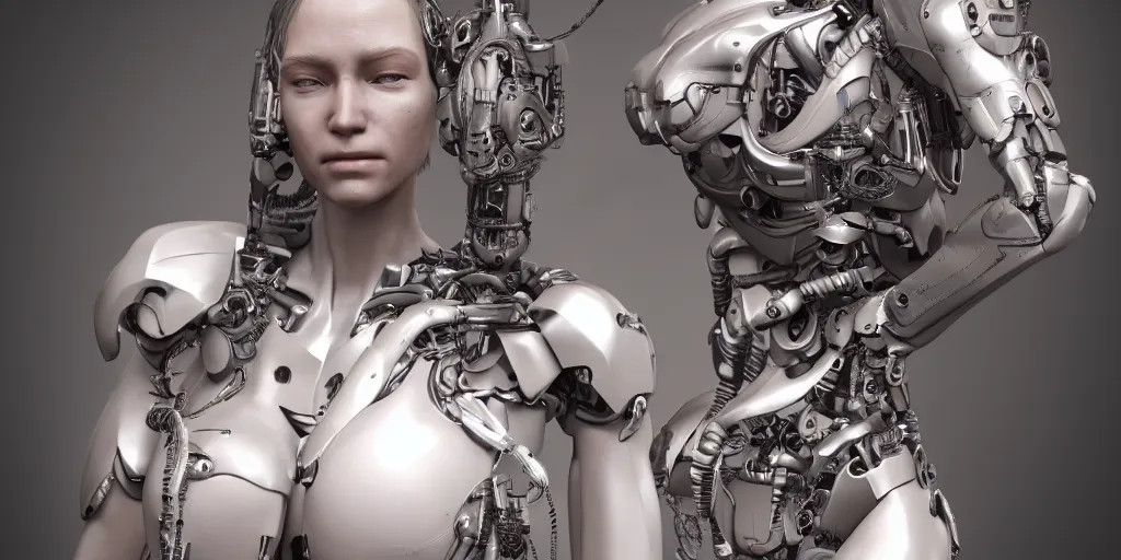 Image similar to photorealistic gorgeous female cyborg, holding intimately, highly detailed, intricate detailing, torso, neck, knees, in the style of, beth cavener, jin kagetsu, wlop, masterpiece, concept art, highkey lighting, ambient lighting, octane render, 8 k, artstation