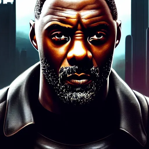 Image similar to wideangle!! portrait shot of idris elba in cyberpunk 2 0 7 7, intricate, elegant, highly detailed, centered, digital painting, artstation, concept art, smooth, sharp focus, illustration, artgerm, tomasz alen kopera, peter mohrbacher, donato giancola, joseph christian leyendecker, wlop, boris vallejo