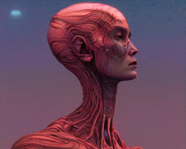 Image similar to iridescent, face portrait, rocky shore, alien woman, glowing red, by edgar maxence and ross tran, zdzisław beksinski, and michael whelan, distant, gustav dore, h. r. giger, 8 k, octane render