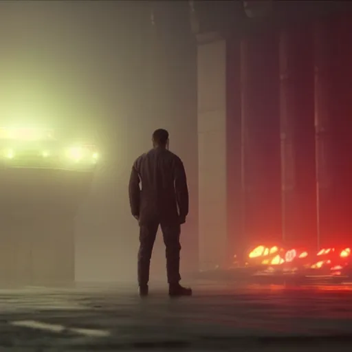 Image similar to bladerunner 2049 fire fighter dull muted colors emissives volumetric lighting rtx on intimidating Ryan Church beautiful cinematography Roger Deakins Jeremy Saulnier art station ue5