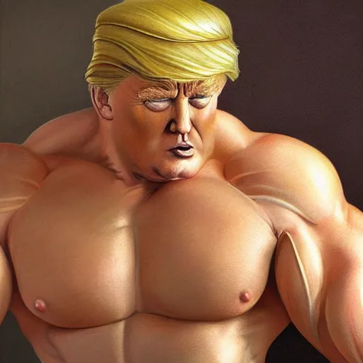 Image similar to “the ultimate gigachad, incredibly muscular Donald Trump, Donald Trump with chiseled jawline, trending on /r/moreplatesmoredates, oil on canvas artstation by J. C. Leyendecker and Edmund Blair Leighton and Charlie Bowater octane render”