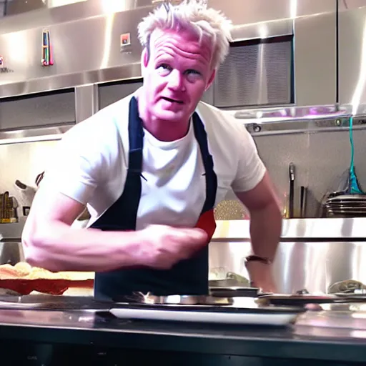 Image similar to hyper real Gordon Ramsey cooking a unicorn in kitchen 4k