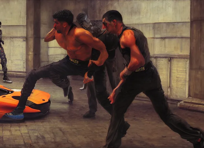 Image similar to Javier evades sgt Nash. Cyberpunk boxer in orange jumpsuit escaping menacing police troopers (blade runner 2049). attractive face. Epic painting by john william waterhouse and Edwin Longsden Long and Theodore Ralli and Nasreddine Dinet, oil on canvas. Cinematic, hyper realism, realistic proportions, dramatic lighting, high detail 4k