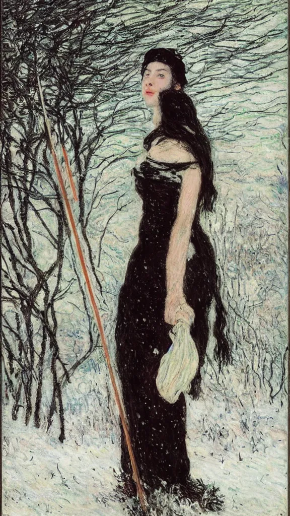 Prompt: a tall woman with very black hair and pale skin with a crown and a spear in her hand in a snowy landscape, fine art, splatter paint, impressionist mosaic, light art, complimentary - colors, tones of black in background, 2. 5 - dimensional, cinematic lighting, by claude monet, by pre - raphaelite brotherhood : : john everett millais gustav klimt