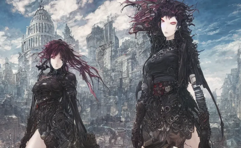 Image similar to goth woman in front of city, color page, tankoban, 4 k, tone mapping, akihiko yoshida, james jean andrei riabovitchev marc simonetti, yoshitaka amano, long hair, curly, h. hydrochaeri