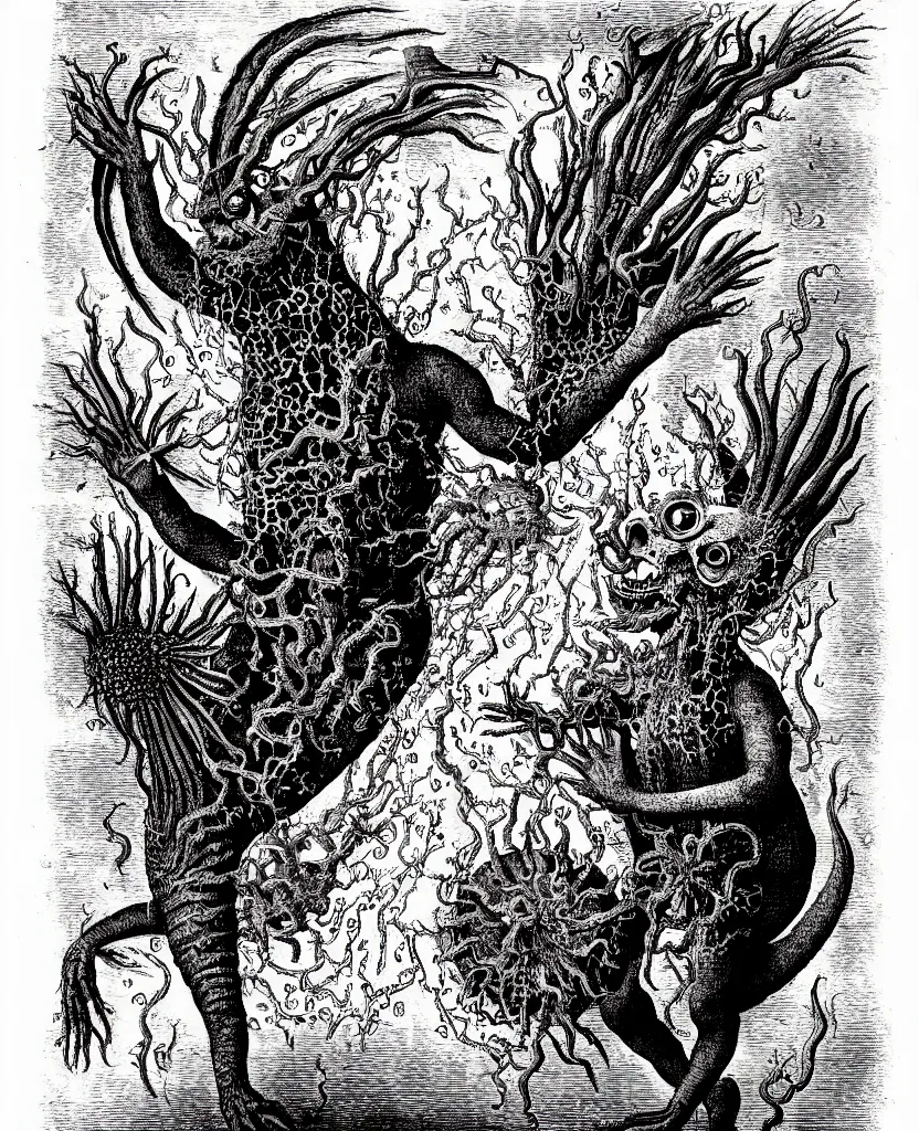 Image similar to fiery freaky creature sings a unique canto about'as above so below'being ignited by the spirit of haeckel and robert fludd, breakthrough is iminent, glory be to the magic within