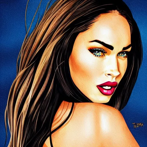 Image similar to “Megan Fox portrait, color illustration by theflowerguy”