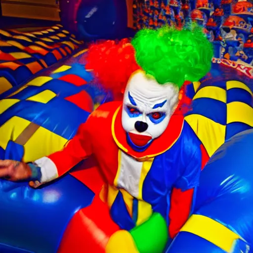 Prompt: photo of a creepy clown in endless corridors made of bouncy castle