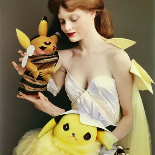 Image similar to elegant woman dressed up as pikachu, art photo by Annie Liebovitz and David Hamilton and Alphonse Mucha